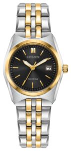 Two-tone stainless steel with black dial.