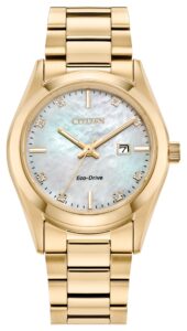 Gold Tone stainless steel with white dial.