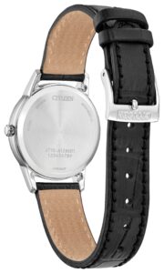Silver stainless steel with blue dial and leather strap.