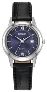 Silver stainless steel with blue dial and leather strap.