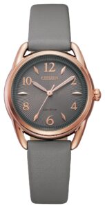Pink gold tone stainless steel with gray dial and leather strap