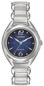 Silver stainless steel with blue dial. 