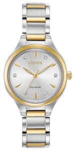 Two-tone stainless steel with silver tone dial and diamond accents.