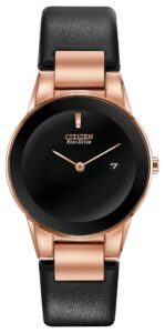 Pink gold tone stainless steel with black dial and leather strap