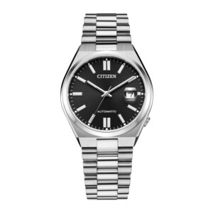 Silver stainless steel with black dial