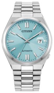 Silver stainless steel with sky blue dial