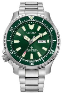 Silver Stainless Steel with green dial and luminous hands and markers
