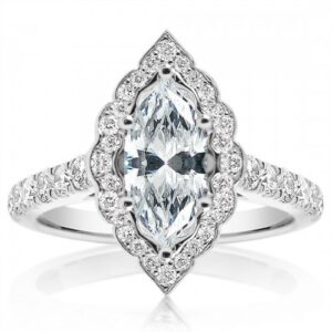 Ladies diamond engagement ring set with .66ct tw of natural brilliant cut diamond melee and a marquise shaped center diamond 
