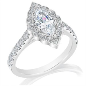 Ladies diamond engagement ring set with .66ct tw of natural brilliant cut diamond melee and a marquise shaped center diamond 
